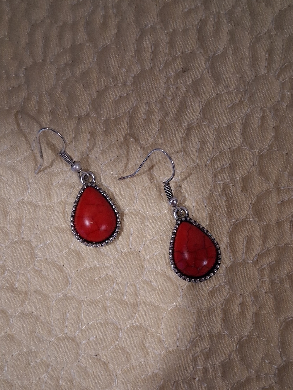Red Teardrop Dangle Earrings with Silver-Tone Accents